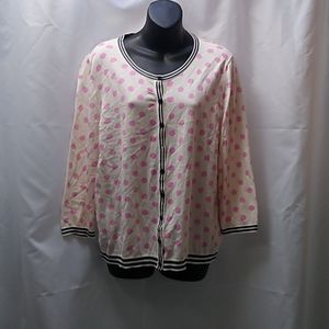 Talbots white pink poka dot cardigan with navy blue trim (neck bottom hem sleeve
